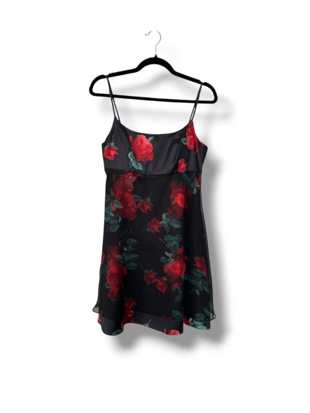A-list Vintage 90s Y2K Black Empire Waist Red Floral Mini Babydoll Dress 7/8